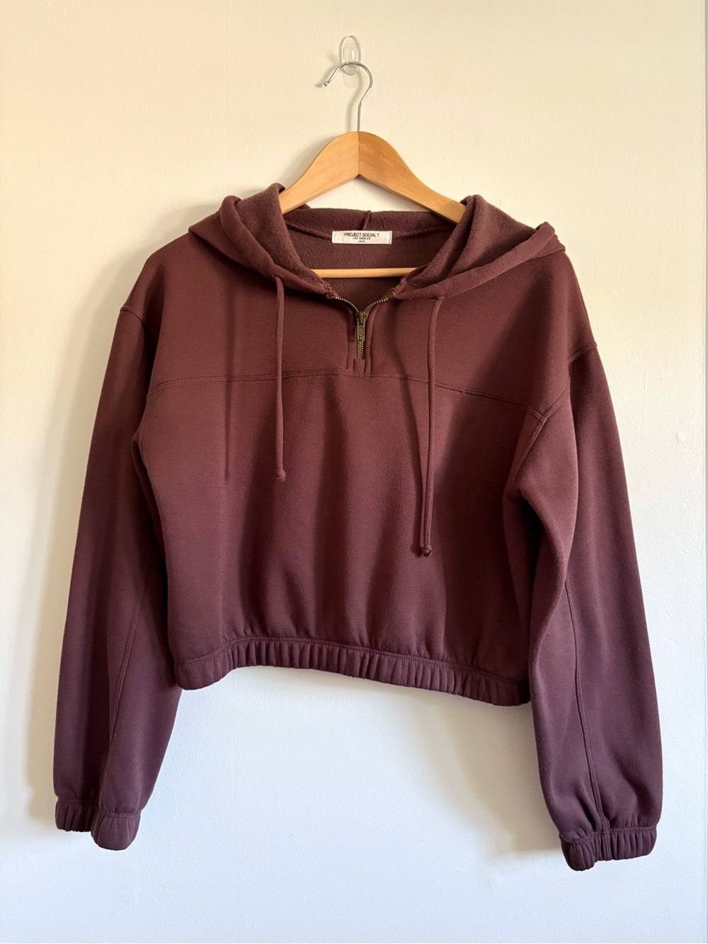 Project Social T Cropped Quarter Zip Hoodie in Brown